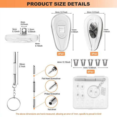 Anti Slip Silicone Nose Pads For Glasses 6 Pairs Screw In Kit with screws, screwdrivers, and product size details