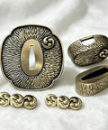 Brass Katana Guard Tsuba Fuchi Kashira Menuki Set Sword Fittings For Samurai Swords Hand Guard Hardware For Katana And Wakizashi Durable Brass Build Ready For DIY Friendly Customization And Repair Projects.