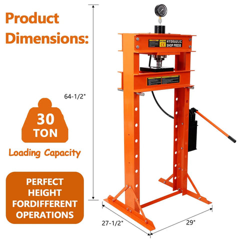 Heavy Duty 30 Ton Hydraulic Shop Press With Press Plates Adjustable Height H-Frame Floor-Standing Auto Repair Press