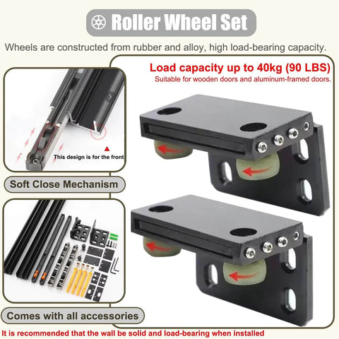 Trackless Invisible Sliding Door Kit For Interiors with black hardware, roller wheel set, and soft close mechanism