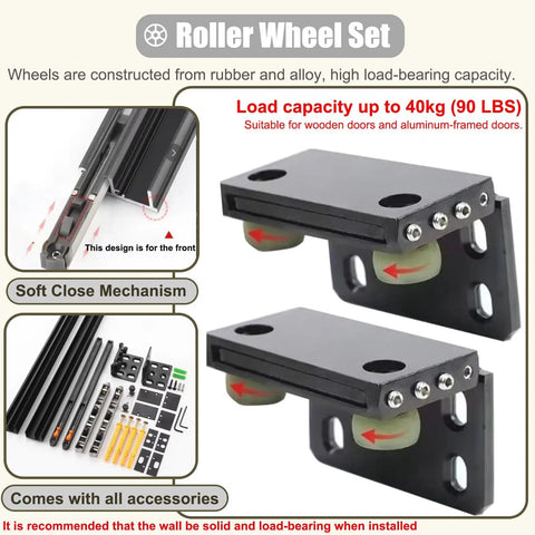 Level Up Your Floor Plan With Slick Trackless Barn Door Hardware Featuring Smooth Glide Hidden Rollers And Reliable Soft Close Mechanism For Twenty Four To Sixty Inch Doors, showcasing a roller wheel set for trackless installation.