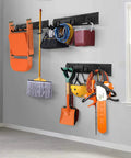Heavy Duty Garage Wall Organizer Rack Kit with Three Mop Holders and Six Multi Purpose Hooks in a garage setting