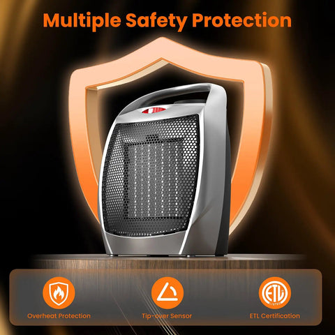 1500W Portable Ceramic Space Heater For Indoor Use With 3 Modes Thermostat Adjustable Quiet Heater with safety icons