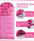 All Season Kids Sleeping Bag For Girls And Boys with pink flannel, adjustable drawstring, magic tape, and anti-pinch slider