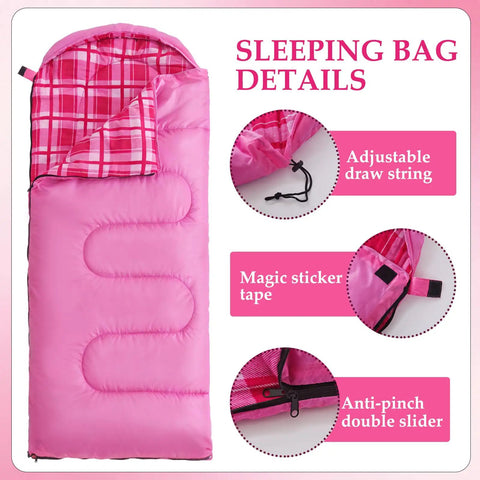 All Season Kids Sleeping Bag For Girls And Boys with pink flannel, adjustable drawstring, magic tape, and anti-pinch slider