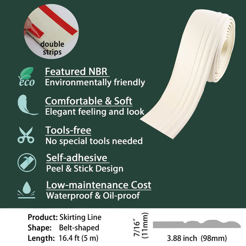 Upgraded Hardened Baseboard Trim Peel And Stick Self Adhesive Vinyl Wall Base for floors and chairs, NBR material shown.