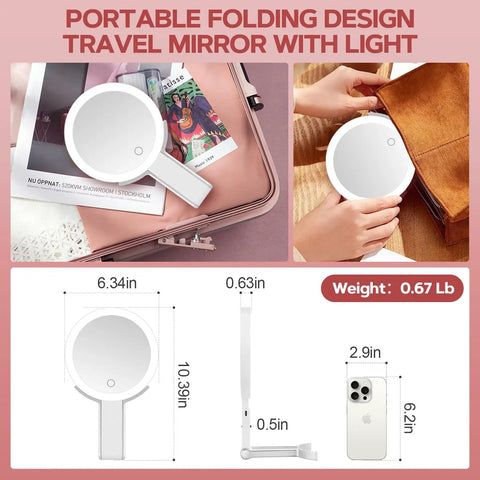 Portable folding 30X Magnifying Makeup Mirror With Light in suitcase and hands, showing size comparison with phone.