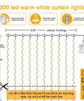 Diagram of Fairy Curtain Lights 300 LED Warm White Window Curtain String Light, 9.8 ft by 9.8 ft Waterproof