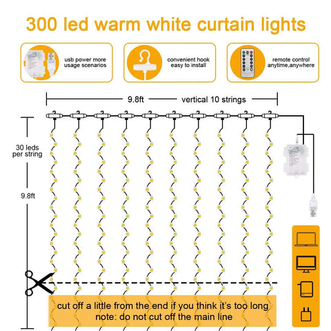 Diagram of Fairy Curtain Lights 300 LED Warm White Window Curtain String Light, 9.8 ft by 9.8 ft Waterproof