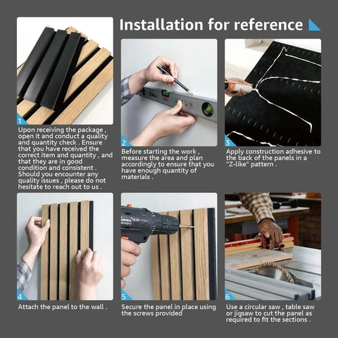 Installation guide for Top Shelf Six Pack Soundproof Wood Slat Wall Panels featuring measuring, adhesive application, and securing panels.