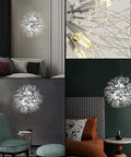Sputnik Crystal Chandelier With Firework Chrome Finish, Dandelion Style Pendant Light Fixture, 9 Lights in living room and bedroom
