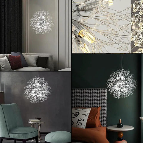 Sputnik Crystal Chandelier With Firework Chrome Finish, Dandelion Style Pendant Light Fixture, 9 Lights in living room and bedroom