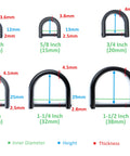 Size chart for various U-shaped D rings, highlighting inner diameter, height, and thickness measurements in inches and mm.