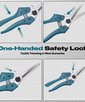 8 Inch All Purpose Heavy Duty Scissors With Ultra Sharp Serrated Angled Blades And Cable Notch For Cutting Cardboard Carpet Sheet Metal Leather Insulation And Wires On The Job Site with one-handed safety lock feature in four positions on a grid background.
