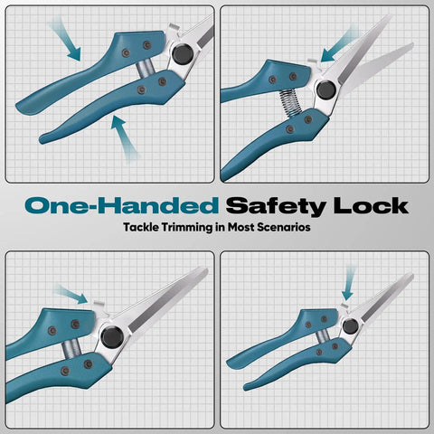 8 Inch All Purpose Heavy Duty Scissors With Ultra Sharp Serrated Angled Blades And Cable Notch For Cutting Cardboard Carpet Sheet Metal Leather Insulation And Wires On The Job Site with one-handed safety lock feature in four positions on a grid background.