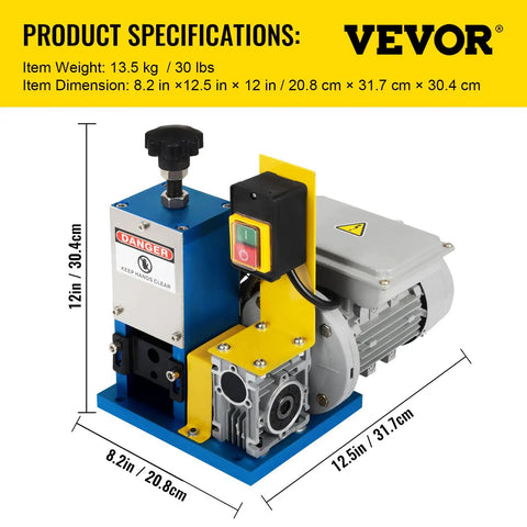 Automatic Electric Wire Stripping Machine 0.05 Inch To 0.98 Inch Portable Aluminum Alloy Wire Stripper Tool For Scrap Copper Recycling Dark Blue Durable Heavy Duty Workhorse with product dimensions shown.