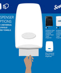 Scott Professional universal multifold towel dispenser with a white towel being dispensed.