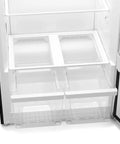 Interior view of Twenty One Cubic Feet Upright Convertible Refrigerator Freezer Combo with adjustable clear drawers.