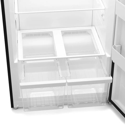 Interior view of Twenty One Cubic Feet Upright Convertible Refrigerator Freezer Combo with adjustable clear drawers.