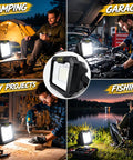 Solar Work Light, 38 LED Powerful Portable Flood Light in use for camping, garage work, DIY projects, and fishing at night.