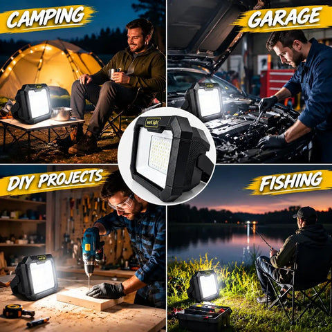 Solar Work Light, 38 LED Powerful Portable Flood Light in use for camping, garage work, DIY projects, and fishing at night.
