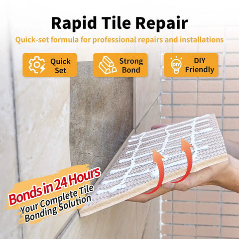 Heavy Duty Tile Adhesive And Repair Glue 10.5 Ounce for Loose Ceramic Porcelain and Stone, showing use on wall tile installation.
