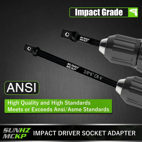 Side view of 6 piece beefy heavy duty impact socket adapter set for drill and impact wrench with 3 inch and 6 inch hex shank extensions