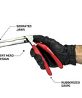 Gloved hand holding Kiwi Bent Head Needle Nose Pliers Set Of 2 For Tight Spots 6 And 8 Inch Pliers, showing bent head and rubber grips