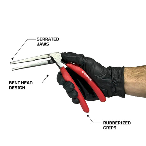 Gloved hand holding Kiwi Bent Head Needle Nose Pliers Set Of 2 For Tight Spots 6 And 8 Inch Pliers, showing bent head and rubber grips