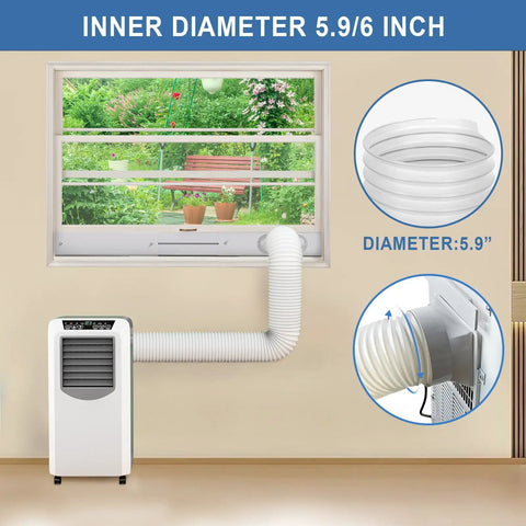 Portable AC Window Vent Kit With Adjustable Vertical And Horizontal Sliding Panels in use, 5.9 inch exhaust hose shown.