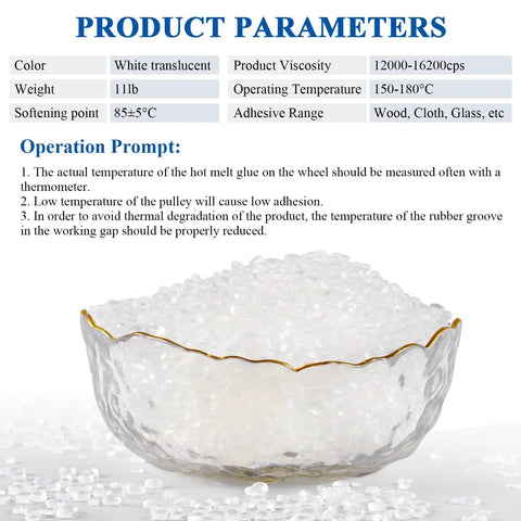 Heavy Duty Hot Melt Edgebander Glue Pellets Straight Up Premium EVA Formula in a clear bowl, ideal for woodworking applications.