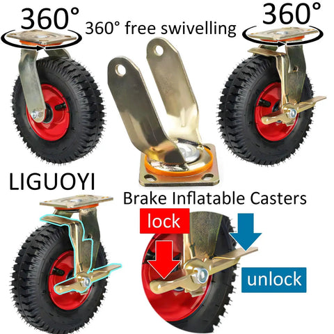 Heavy Duty Air Filled Caster Wheels With Swivel Brakes And Fixed Mounts, showing 360° swivel and locking mechanism.