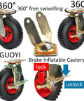 Built Tough Heavy Duty Caster Wheels Smooth 10 Inch Pneumatic Tires with 360° swivel and brake mechanism.