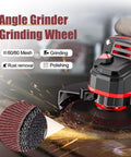 Angle grinder grinding a surface with flap disc showing 60 and 80 grit. Part of 14 Piece Wood Carving Disc Set For 4 Inch Or 4 And A Half Inch Angle Grinders Includes Chainsaw Disc 12 Tooth Shaping Disc 60 And 80 Grit Flap Wheels Five Eighth Inch Adapters Universal Wrench For Cutting Grinding Shaping And Sanding.