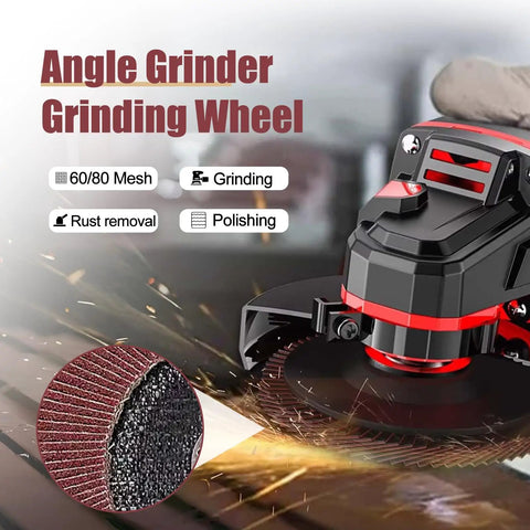 Angle grinder grinding a surface with flap disc showing 60 and 80 grit. Part of 14 Piece Wood Carving Disc Set For 4 Inch Or 4 And A Half Inch Angle Grinders Includes Chainsaw Disc 12 Tooth Shaping Disc 60 And 80 Grit Flap Wheels Five Eighth Inch Adapters Universal Wrench For Cutting Grinding Shaping And Sanding.