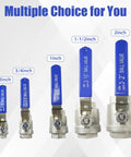 Different size ball valves showcasing multiple choices, including Four Pack Three Quarter Inch Full Port Ball Valve Set In 304 Stainless Steel NPT Female.