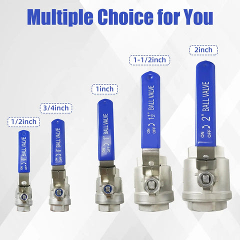 Different size ball valves showcasing multiple choices, including Four Pack Three Quarter Inch Full Port Ball Valve Set In 304 Stainless Steel NPT Female.