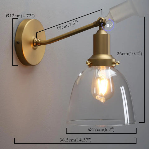 Industrial Vintage Slope Pole Wall Mount Sconce Light Fixture With Six Point Seven Inch Oval Clear Glass Shade In Antique Gold Finish