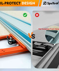 Heavy Duty Track Saw Square Delivering Dead On 90 Degree Guide Rail Alignment Quick Lock Mechanism Extra Thick Anodized Aluminum Body showing rail-protect design comparison.