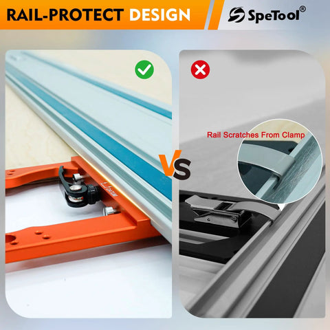 Heavy Duty Track Saw Square Delivering Dead On 90 Degree Guide Rail Alignment Quick Lock Mechanism Extra Thick Anodized Aluminum Body showing rail-protect design comparison.