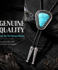 Hand Braided From Premium Genuine Leather This Adjustable Turquoise Bolo Tie on black rocks with silver tips and synthetic turquoise.