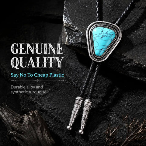 Hand Braided From Premium Genuine Leather This Adjustable Turquoise Bolo Tie on black rocks with silver tips and synthetic turquoise.
