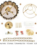 Gold Crystal Pendant Chandelier components including lamp body, canopy, assembly kits, K9 crystals, and adjustable chain.