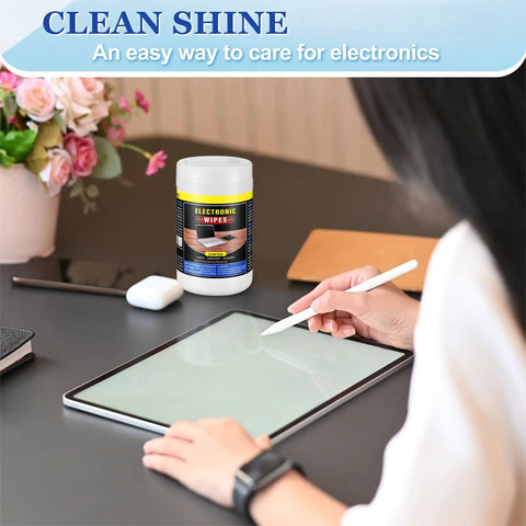 Person using 4 Pack 240 Count Electronic Screen Cleaner Wipes For Computer Laptop Monitor Phone TV And Keyboard Cleaning Streak Free Anti Static Gentle On Screens Ideal For Glass LCD Displays on tablet