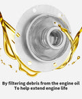 Oil Screen Kit 00 9924 0 for 1500 1600cc VW Type 1 Beetle with mesh filter and oil splash graphic, highlighting filtration efficiency.