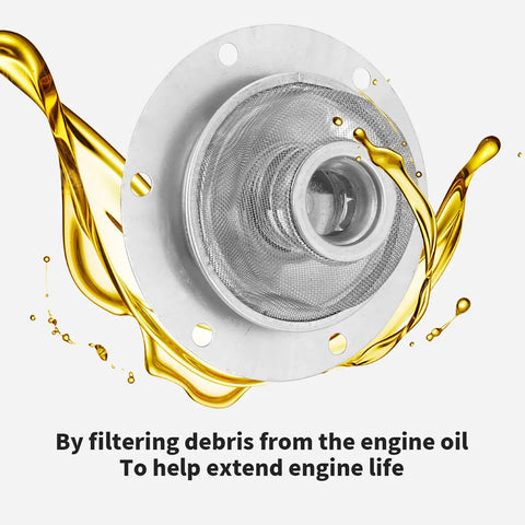 Oil Screen Kit 00 9924 0 for 1500 1600cc VW Type 1 Beetle with mesh filter and oil splash graphic, highlighting filtration efficiency.