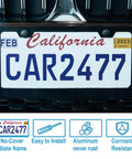 2 Pack Matte Black License Plate Frames With 2 Holes Stainless Steel Rust Proof Car Plate Holder Universal Fit For All US License Plates With Screws Included And Easy Install shown on a California license plate.