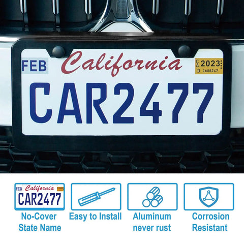 2 Pack Matte Black License Plate Frames With 2 Holes Stainless Steel Rust Proof Car Plate Holder Universal Fit For All US License Plates With Screws Included And Easy Install shown on a California license plate.