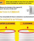 Universal Portable AC Exhaust Hose 5.9 Inch Anti Clockwise Thread With Built In Steel Ring Replacement Vent Hose Up To 59 Inches For Most Portable AC Units Does Not Include Coupler No Sweat Install diagram showing counterclockwise and clockwise threads.