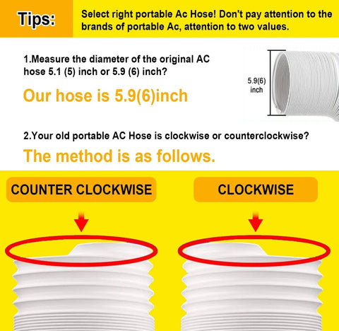 Universal Portable AC Exhaust Hose 5.9 Inch Anti Clockwise Thread With Built In Steel Ring Replacement Vent Hose Up To 59 Inches For Most Portable AC Units Does Not Include Coupler No Sweat Install diagram showing counterclockwise and clockwise threads.